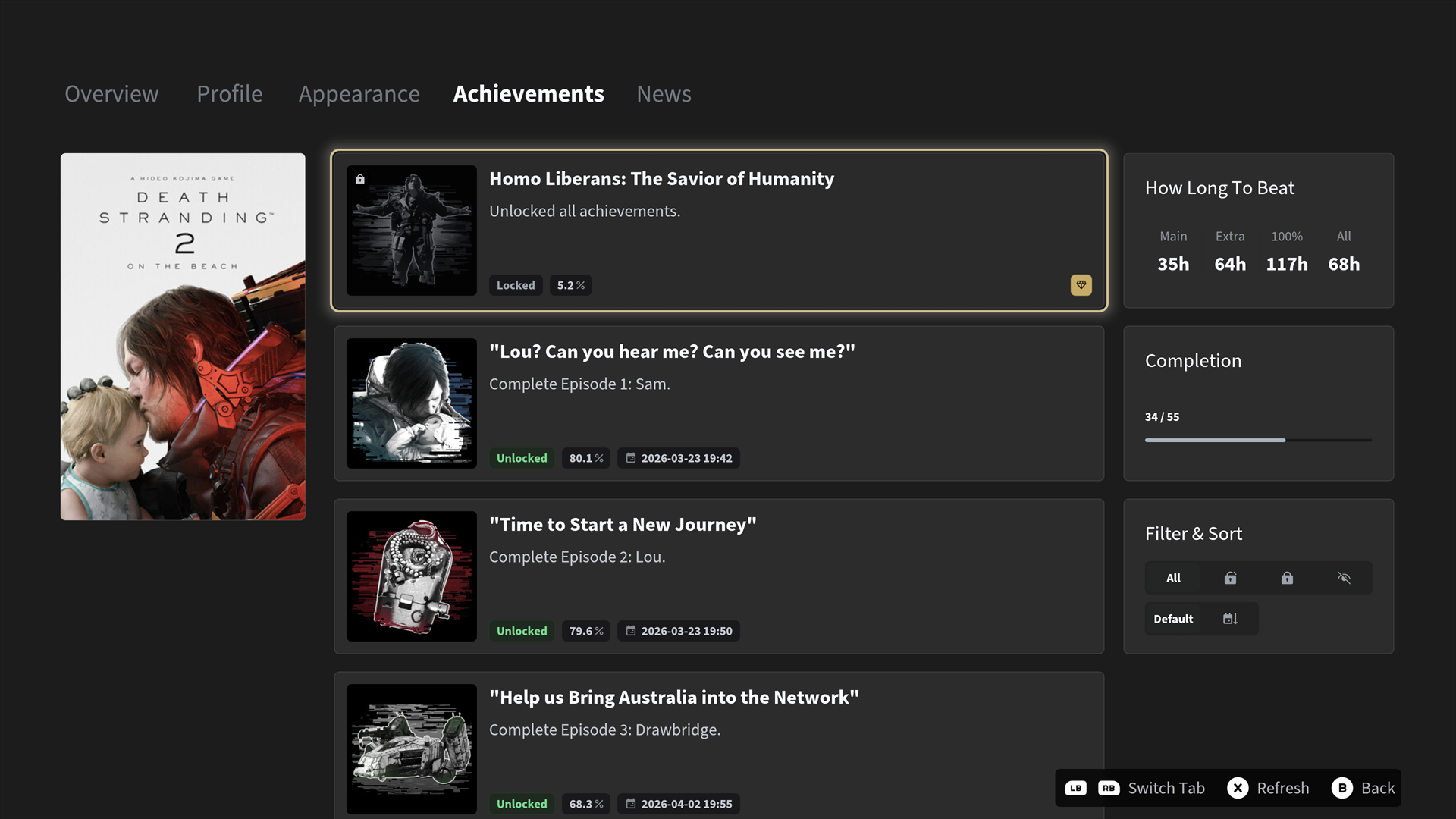 Achievement list with completion progress, unlock dates, filters, and sorting controls