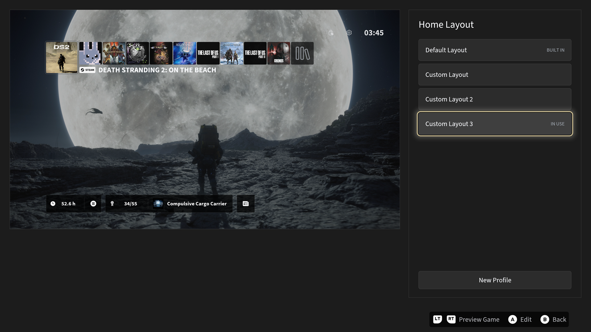 Home layout settings with built-in and custom layout profiles plus a live preview