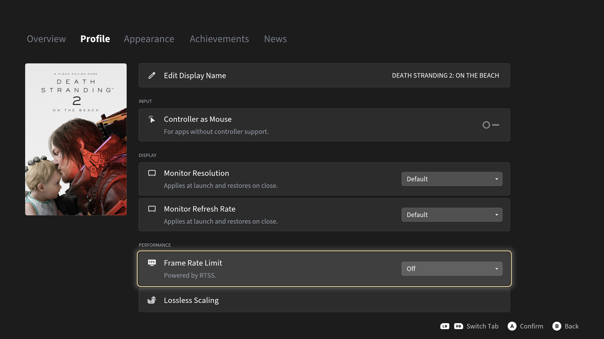 Per-game profile menu with frame rate, scaling, and display options