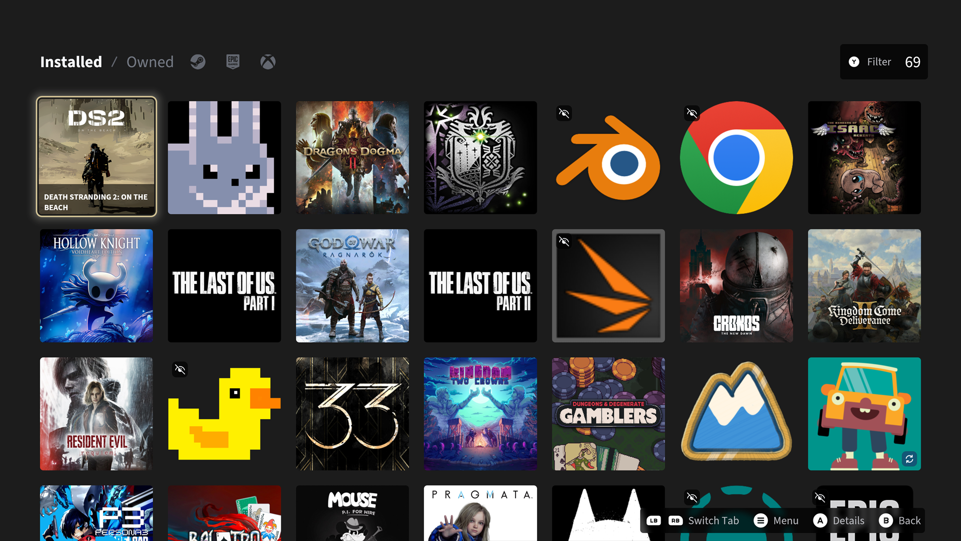 Installed games grid with platform filters and controller launch actions